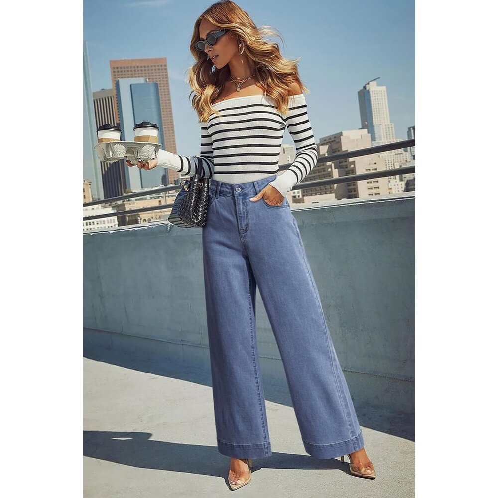 Women's Myosotis Waisted Wide Leg Denim Jeans Stretchy Loose Pants with Pockets - Picture 6 of 6